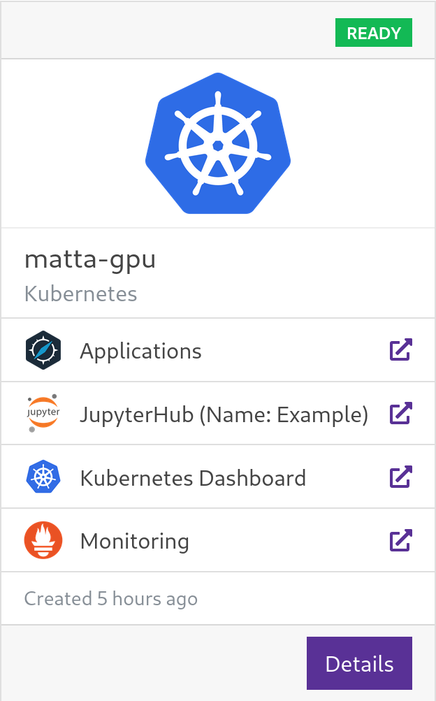 Azimuth Kubernetes services list, showing JupyterHub in the list of available services